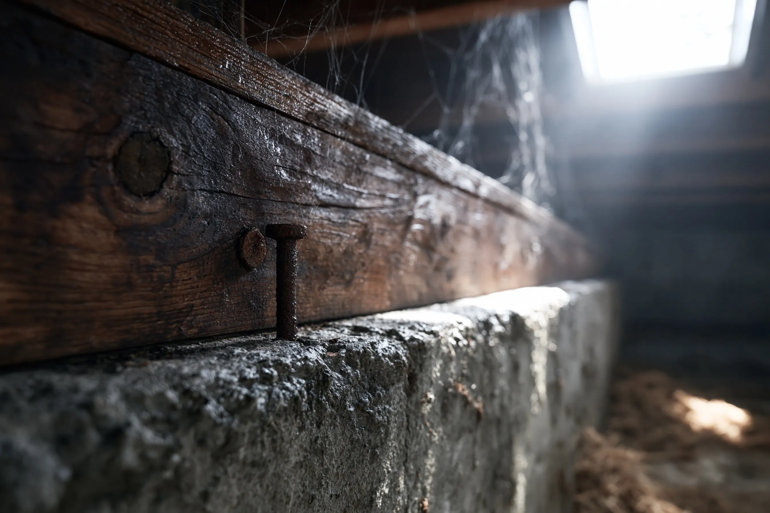 A dark, damp sill plate and rim joist at the top of a concrete stem wall in a crawlspace, with a rusted anchor bolt