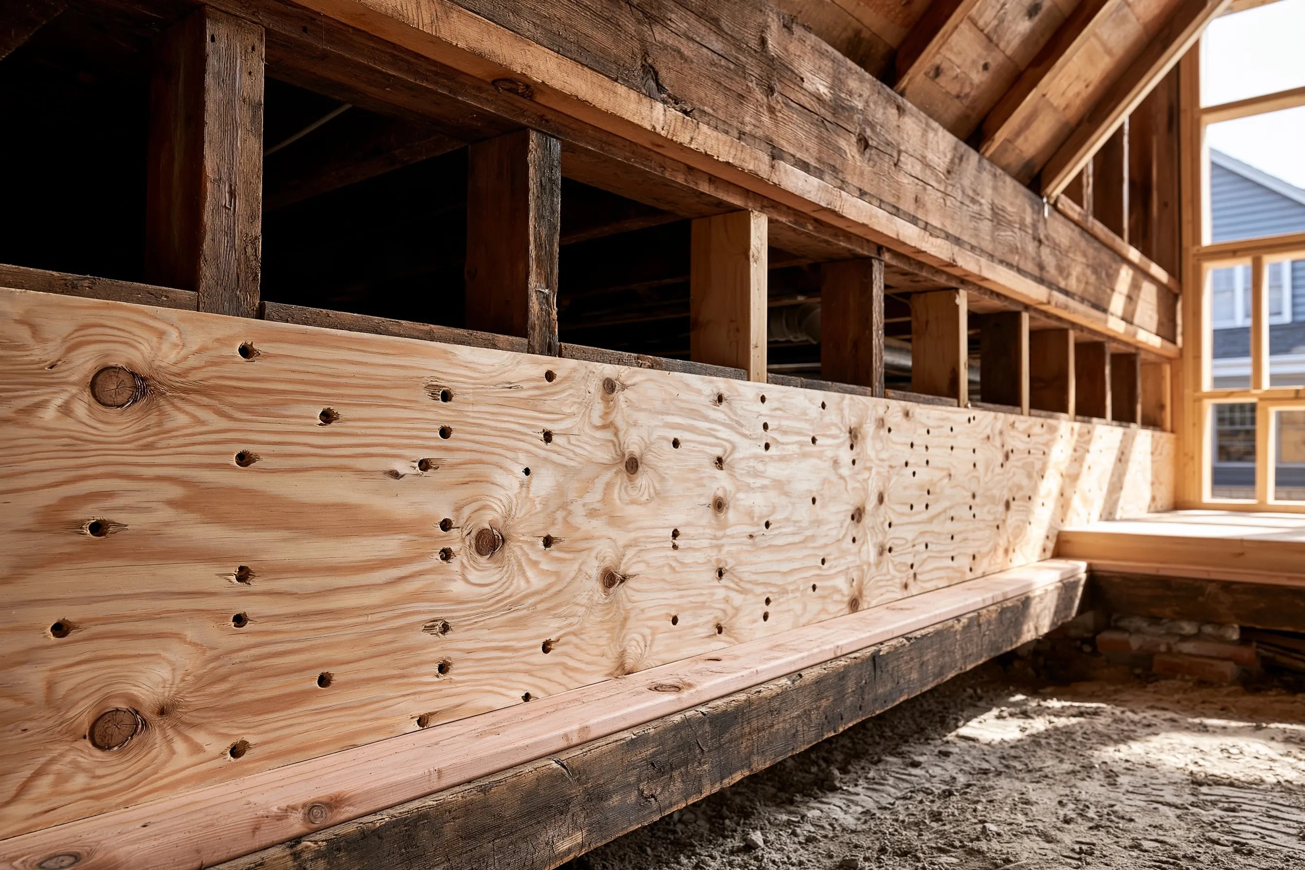 New plywood sheathing nailed in a regular pattern on a short crawlspace wall under older, darker floor framing
