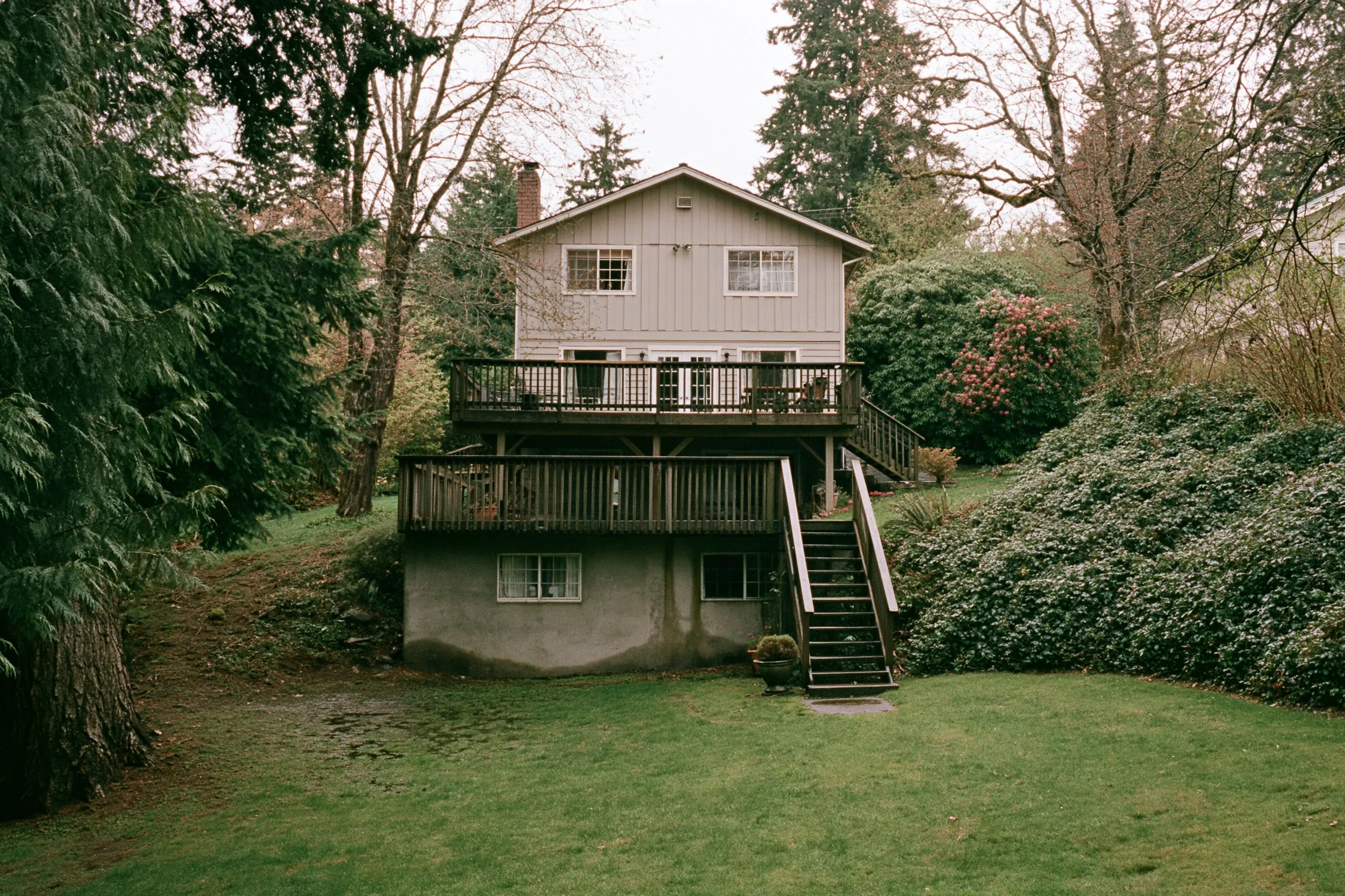 Rear of a two-story house with vertical board siding, a wood deck over a basement wall with two windows and a dark damp stain, a wooden stair down to a lawn and tall firs