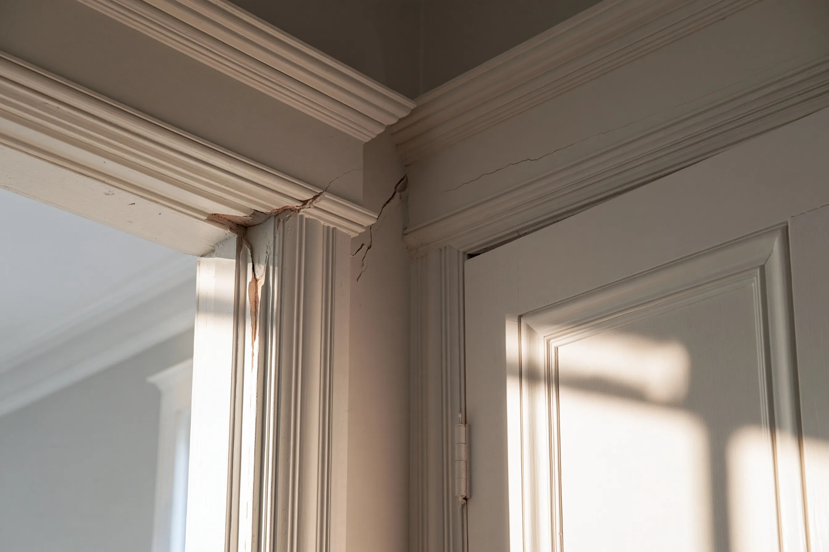 A doorway with a wedge-shaped gap at the top corner of the frame and a fine diagonal crack in the drywall above