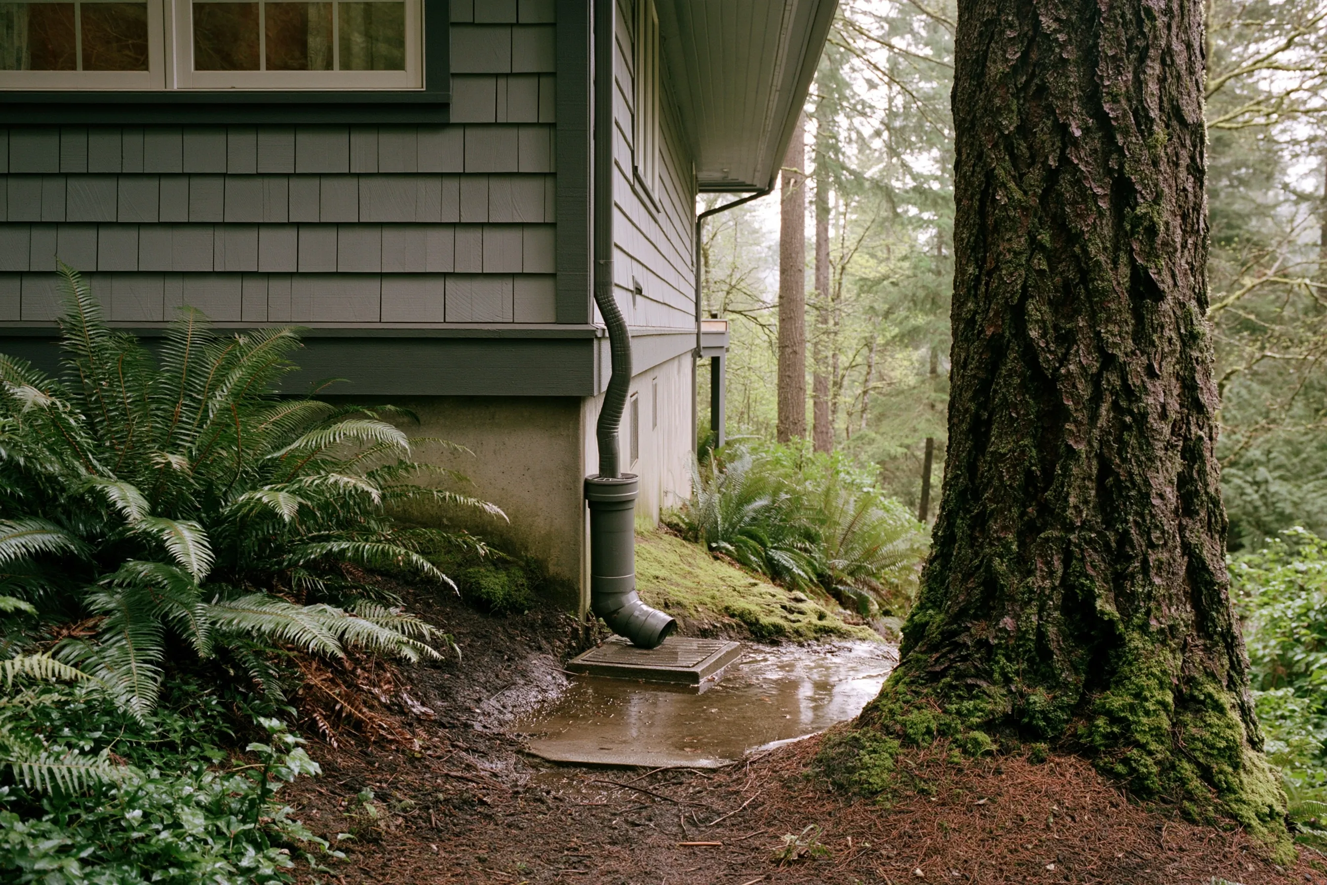 Downspout emptying onto a splash block at a house corner, with water pooled against the foundation on a sloped lot