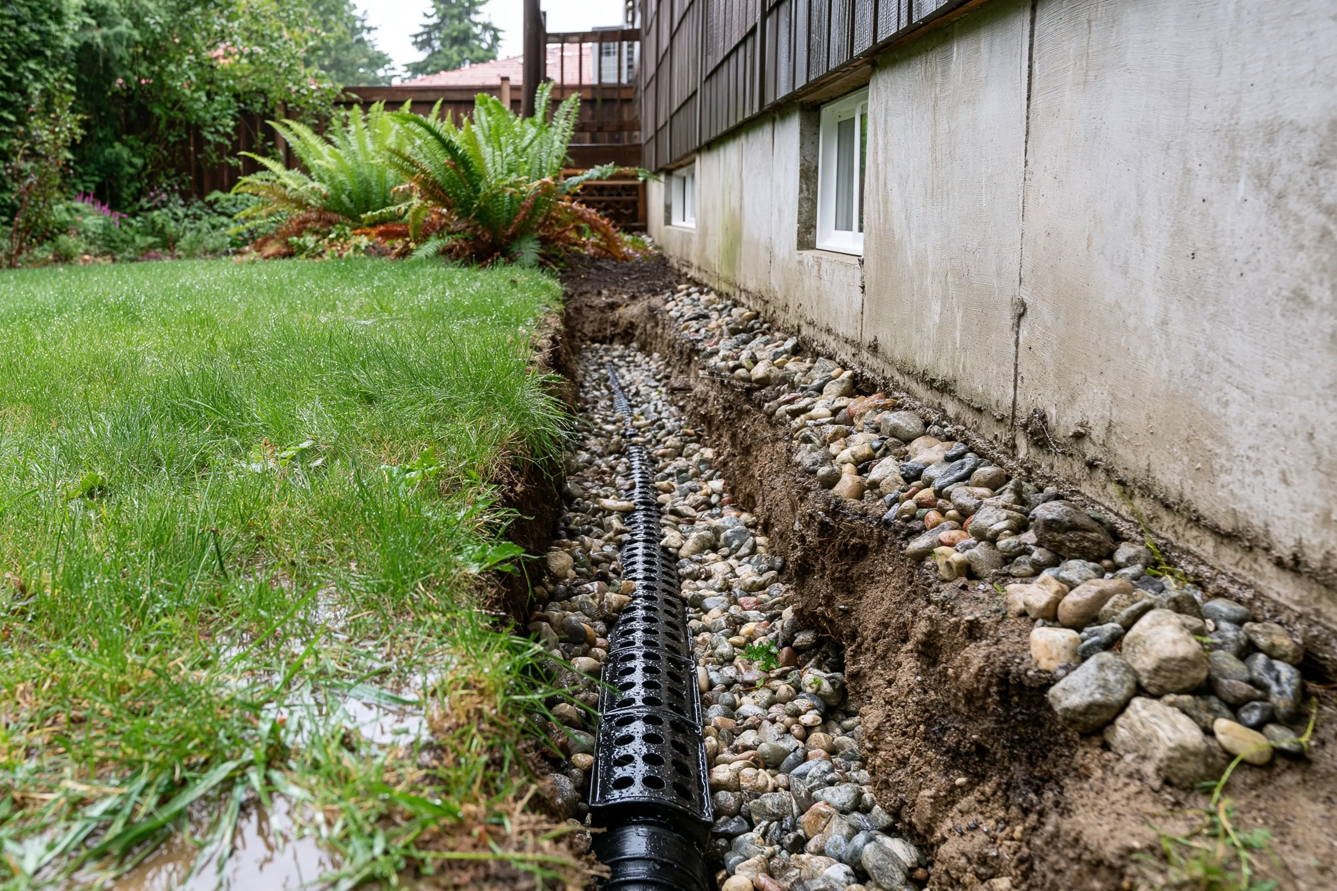 A trench along the outside of a house foundation wall with a perforated black drain pipe laid in rounded gravel, a lawn on one side and ferns beyond