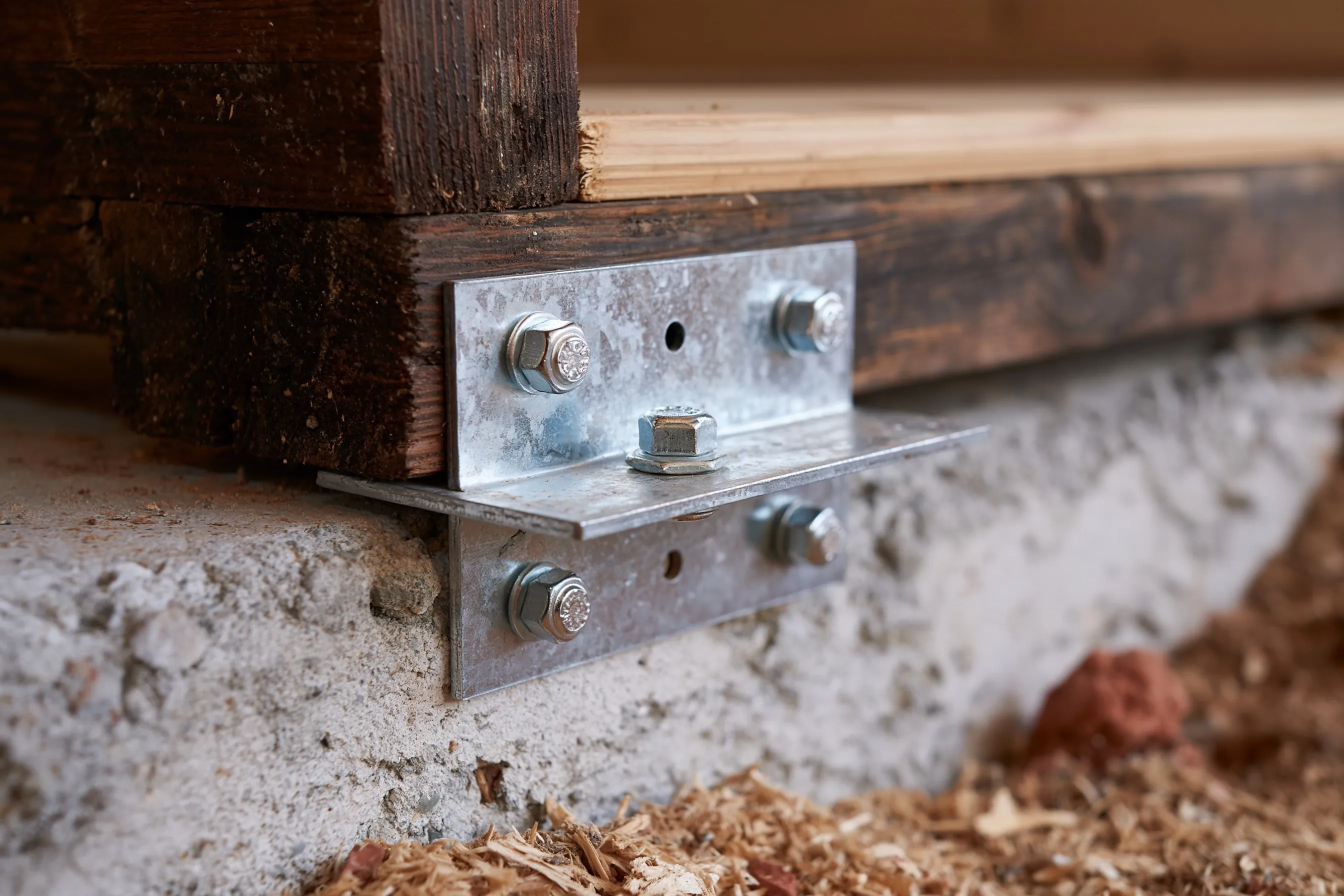 Close view of steel angle plates bolted through a dark timber sill into the concrete stem wall below, with a wood floor edge above and wood chips on the ground