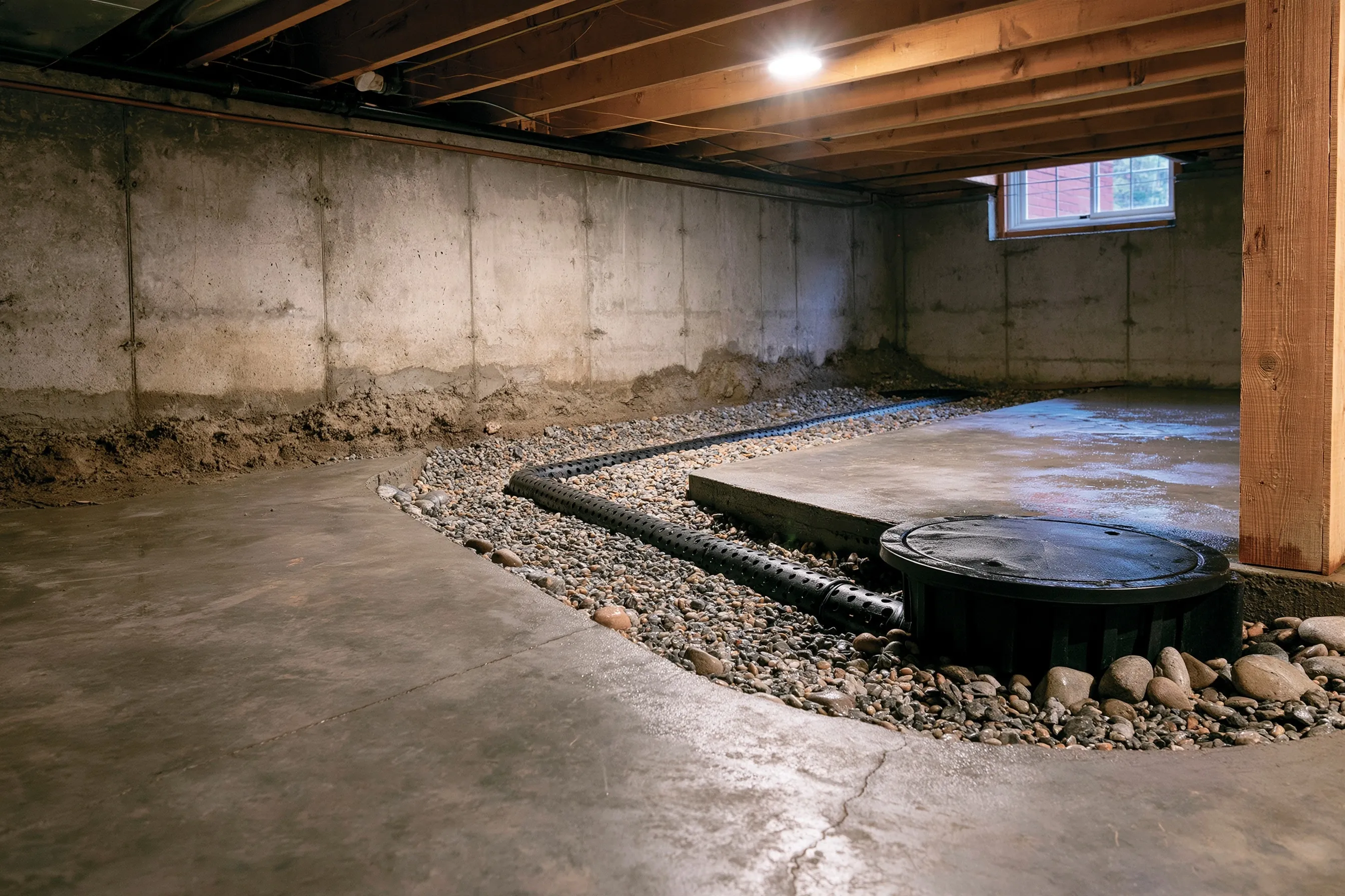 A perforated black drain pipe laid in gravel along the foot of a concrete basement wall, running to a round black sump basin set into the floor