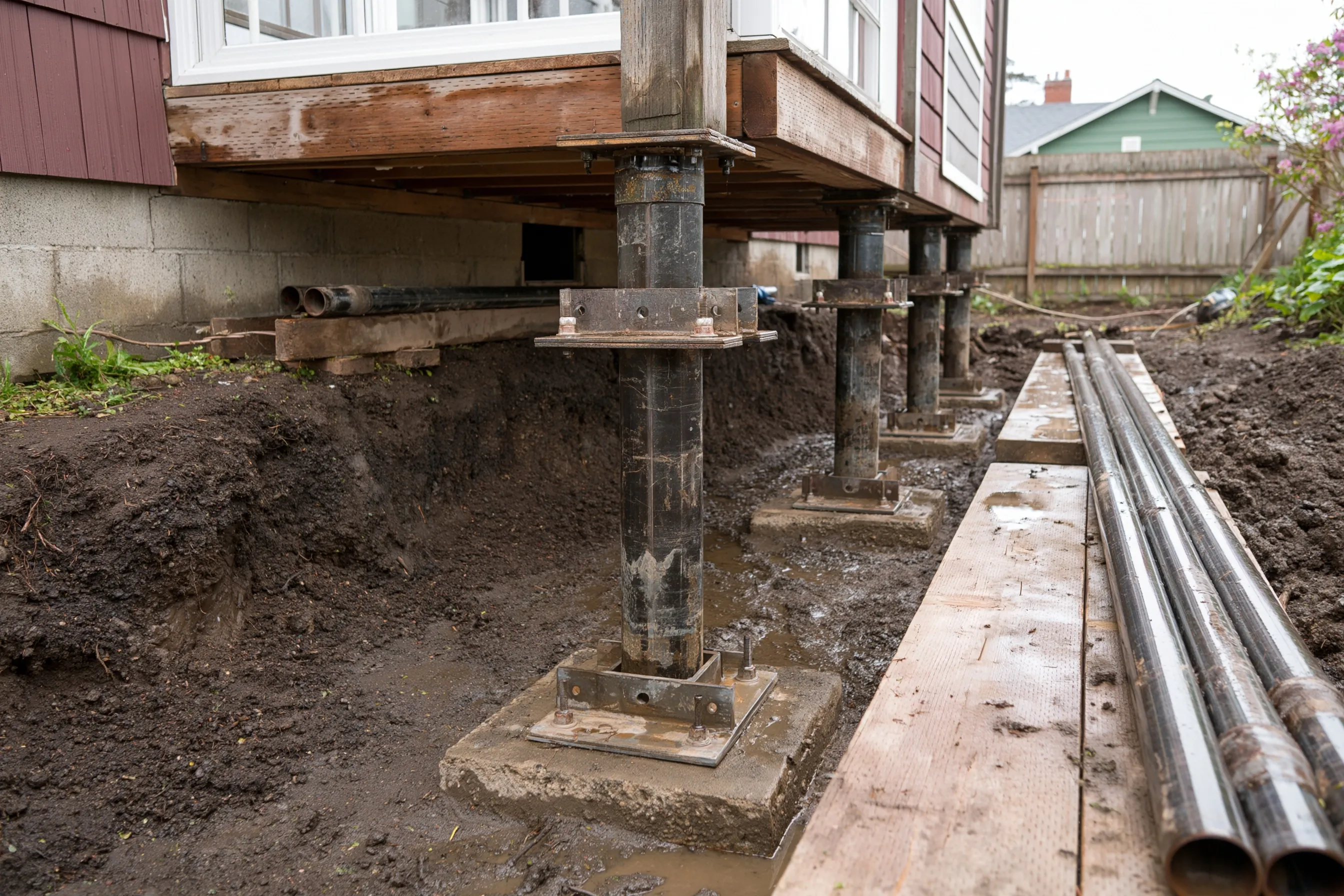A steel bracket and push pier pipe sections in a dug-out pit under a concrete footing