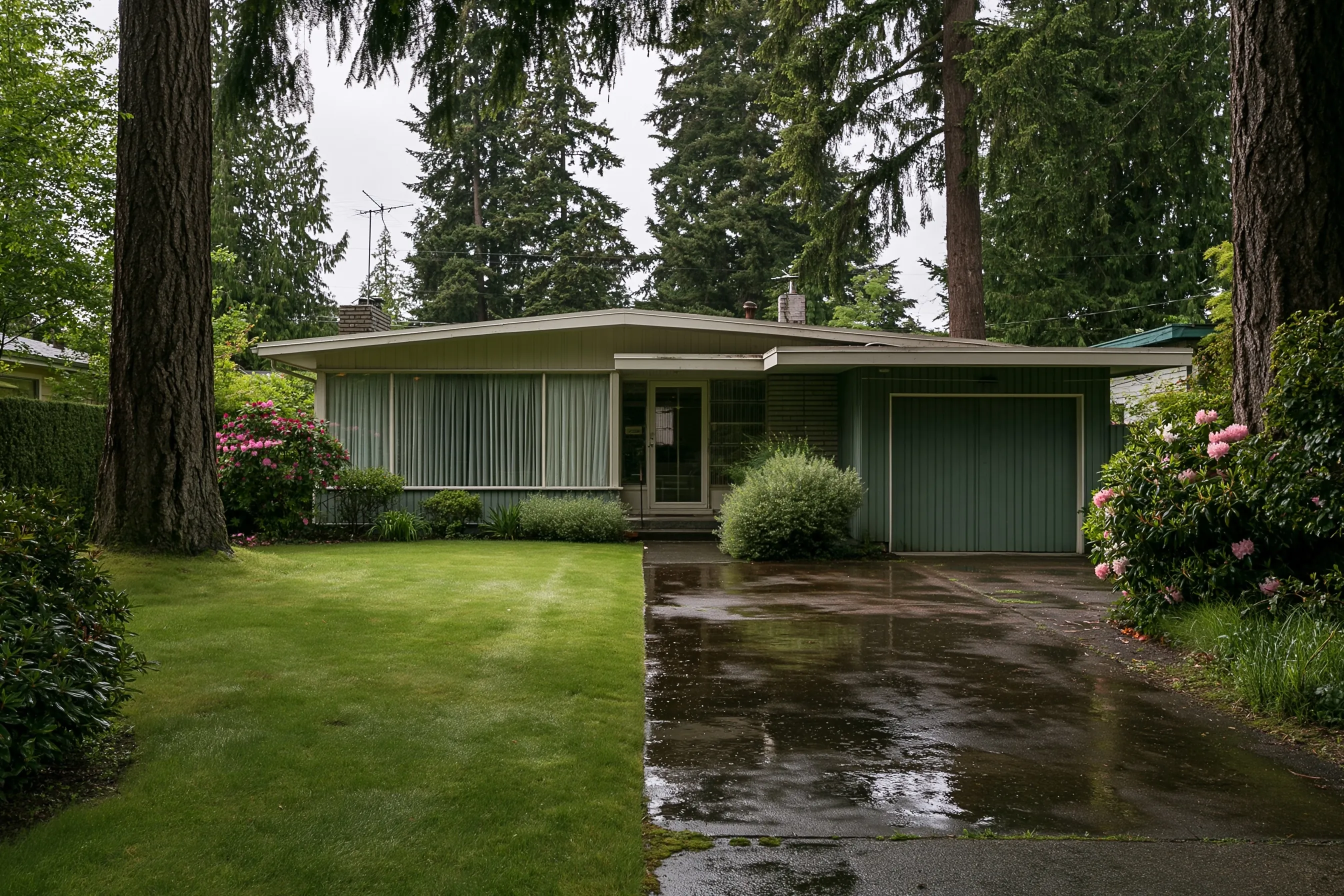 The front of a single-story rambler with an attached garage, a wet green lawn and mature firs