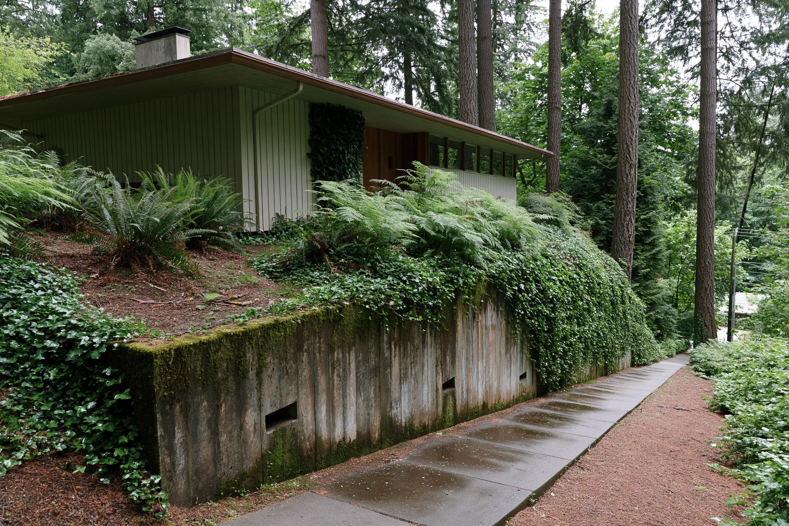 A concrete retaining wall holding a steep front-yard slope beside a sidewalk at a house, with ferns and moss