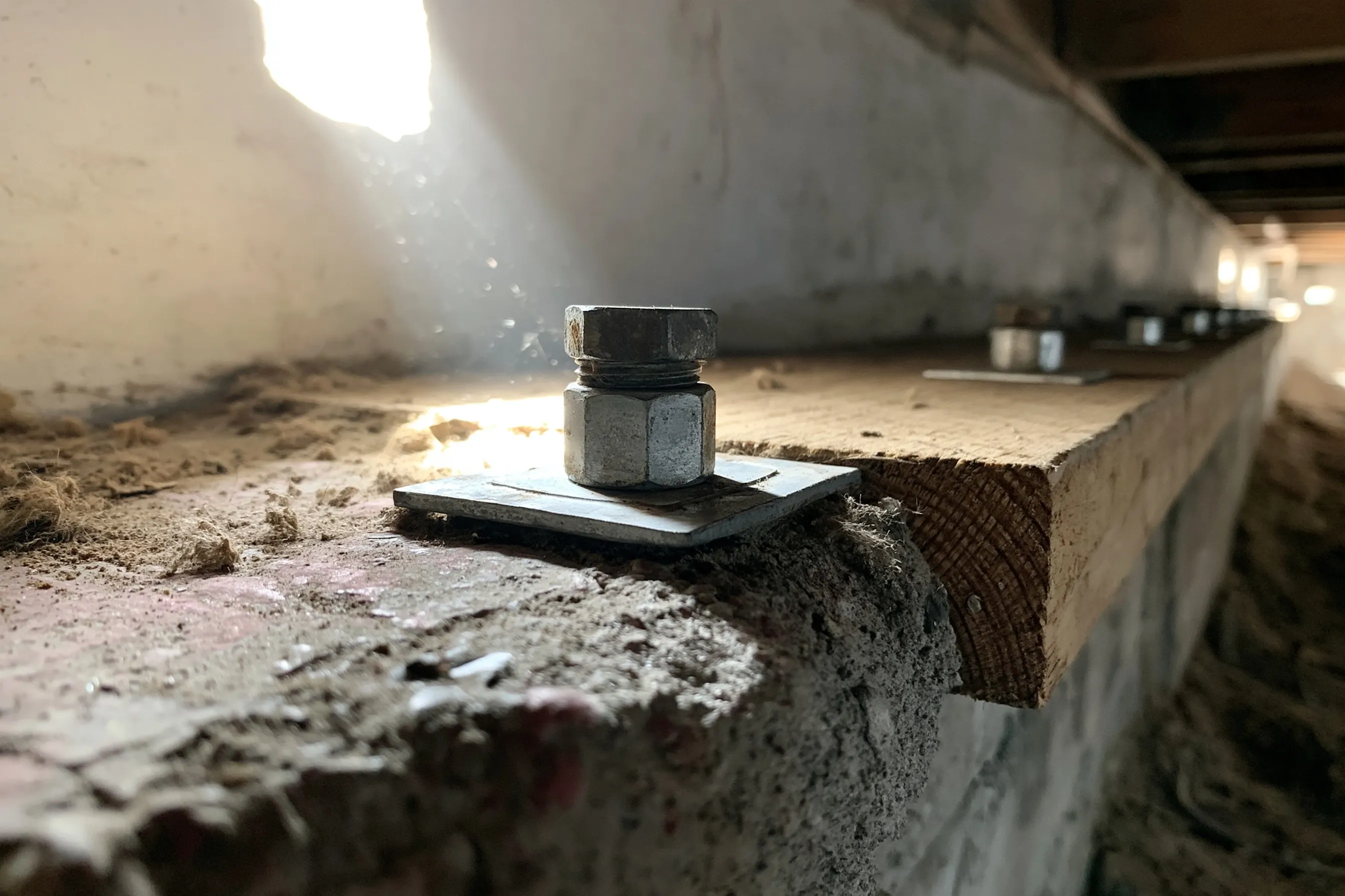 A galvanized bolt with a nut and square steel washer plate fixed on top of a wood sill plate at the edge of a concrete foundation wall in a crawlspace